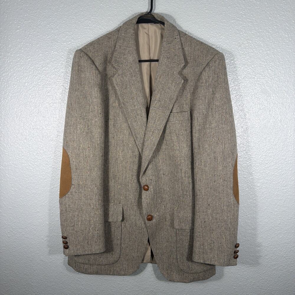 Farah Blazer Mens 40L Brown Wool Herringbone Tweed Sport Coat Elbow Patch Office